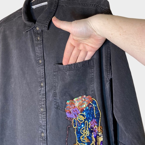 Zara Basic Denim Z1975 Embroidered Dress Sequin XS ButtonDown Collared Oversized - Picture 4 of 16